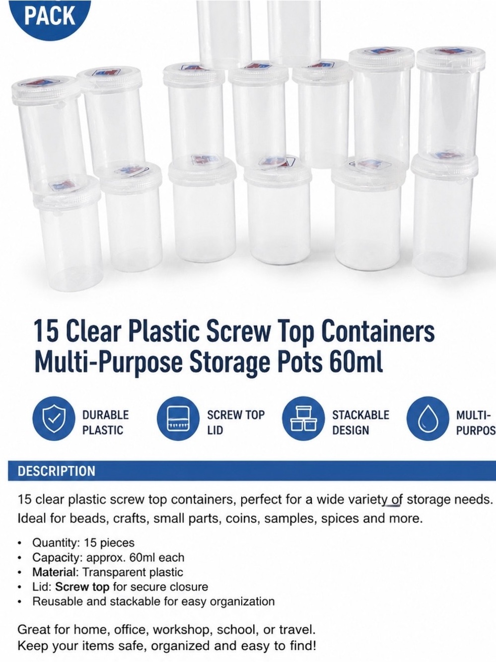 15x Clear Plastic Storage Containers Screw Lid Small Jars Slime Sample Organizer